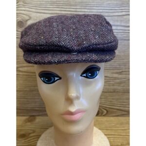 Vtg Hanna Hats Flat Cap Men's Large Red Herringbone Tweed Donegal Wool Ireland